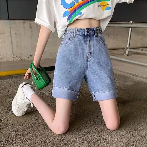 实拍高腰五分牛仔裤女夏季设计感大码短裤显瘦宽松百搭阔腿中裤