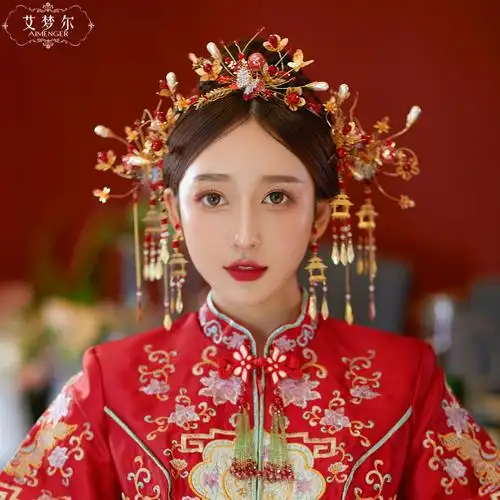 秀禾头饰新娘发饰复古简约中式结婚造型秀禾服配饰步摇发簪套装