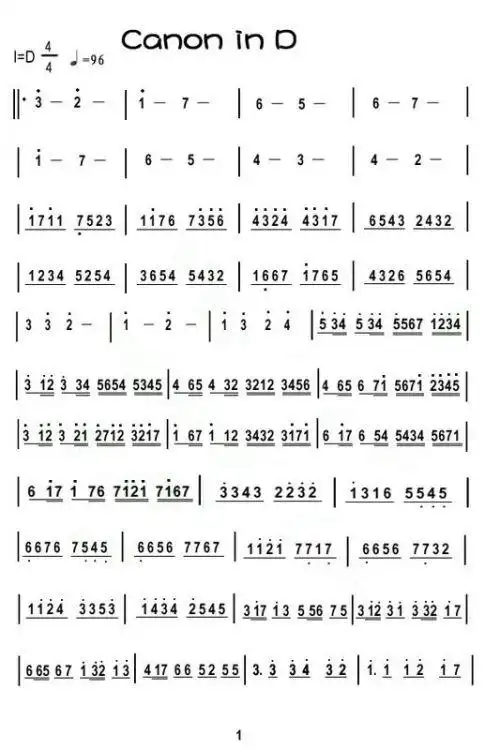 小提琴曲 卡农 换成简谱是什么