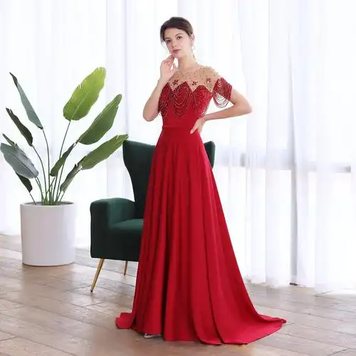 豪华重工晚礼服女酒红色长款新娘结婚敬酒年会礼服