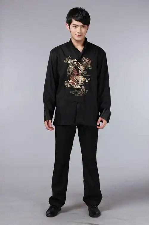 男式唐装男士春秋外套民族男装男式长袖唐装上衣演出服57彩龙黑色