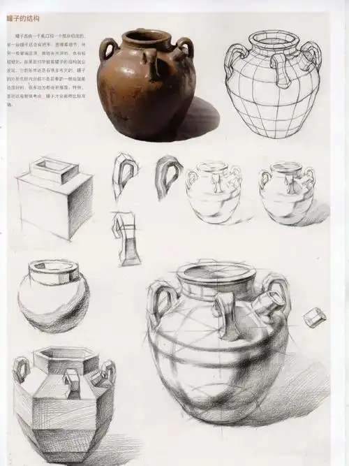 陶罐  浅色水壶  牛奶  酱油   结构素描   步骤图#素描静物# #素描