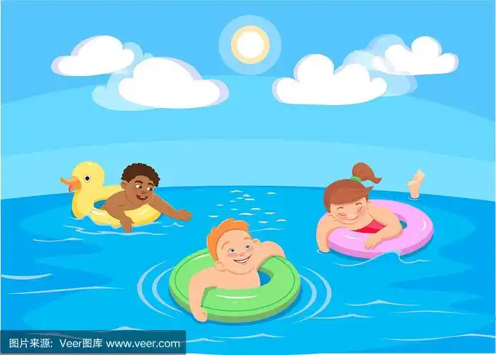 卡通儿童在海里游泳