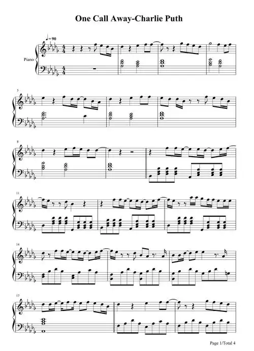 charlie puth《one call away》钢琴谱|酷玩吉他|扒谱制谱,高品质吉他