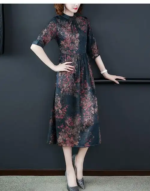 mz2672阔太太仿制真丝桑蚕丝香云纱连衣裙高腰显瘦中长款高贵妈妈装