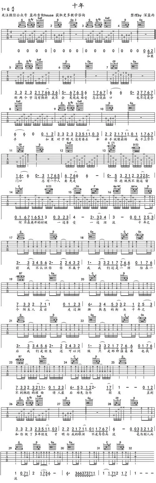 《十年》吉他谱_c调_高清六线谱_入门弹唱版_温江彩虹吉他孝教室编配