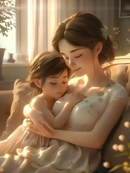 母亲节年轻漂亮的妈妈拥抱着可爱的小宝宝坐在在客厅沙发上