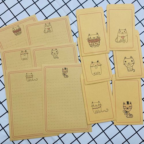 日式可爱卡通爱心猫咪表情信封信纸套装创意简约牛皮纸情书信笺纸