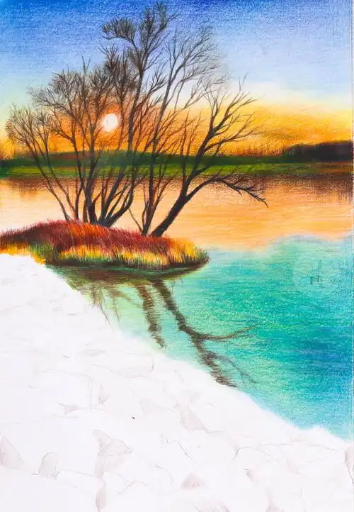 彩铅风景教程石头河畔风景图教程图