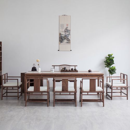 新中式茶桌椅组合老榆木茶桌黑胡桃实木功夫茶台禅意茶室现代简约