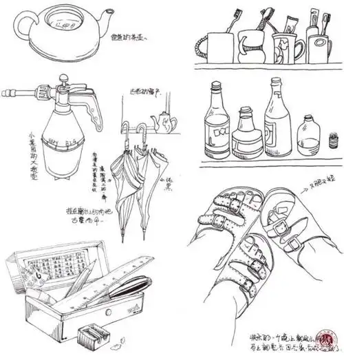 象爸爸的茶壶,菜园子里的喷壶,家人的洗漱用品,工具箱之类的