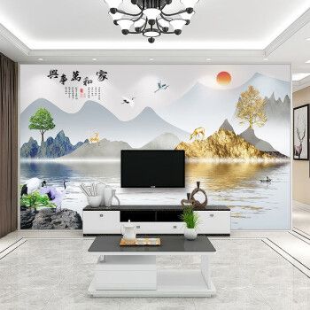 新中式电视背景墙壁纸山水画墙布客厅壁画影视墙壁布家和万事兴 无缝