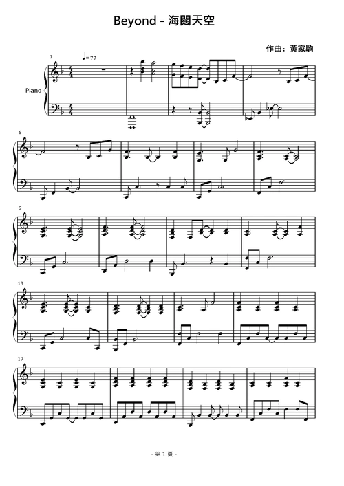 beyond 海阔天空 钢琴谱 五线谱 高清 黄家驹 独奏版