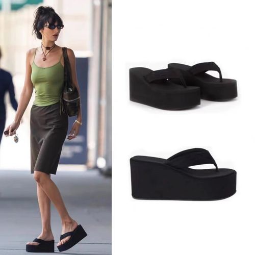 欧美辣妹明星贝拉bella同款人字拖超高跟坡跟沙滩鞋厚底凉拖鞋女