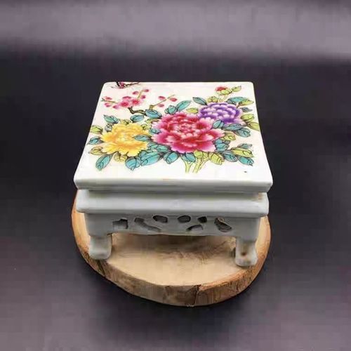 民国粉彩蝴蝶花四方桌古董摆件底座古玩仿古装饰艺术品老物件收藏