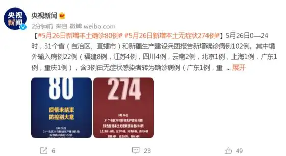 全国疫情最新消息5月26日新增本土确诊80例本土无症状274例