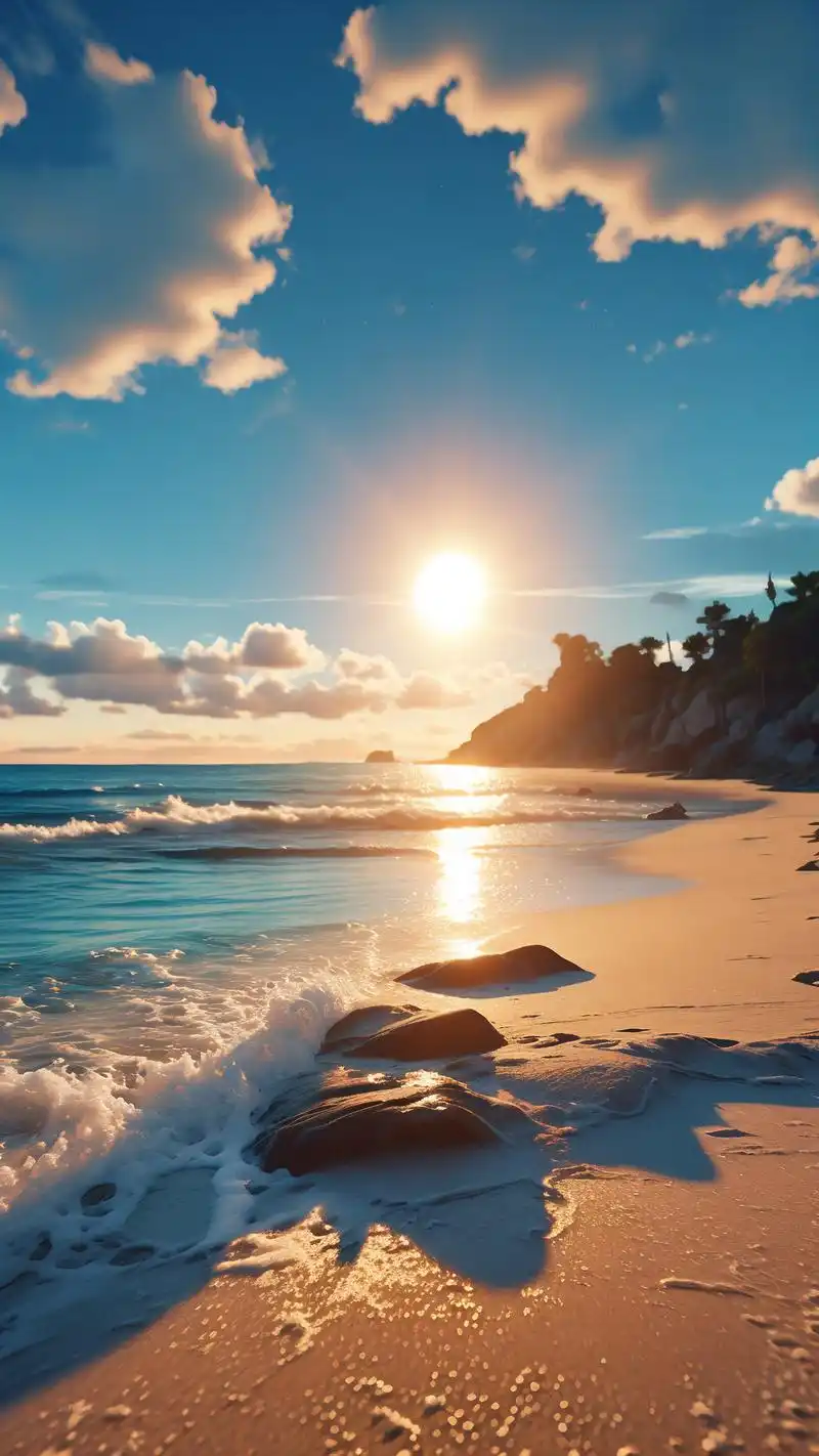 夏日沙滩蓝天海浪壁纸9898