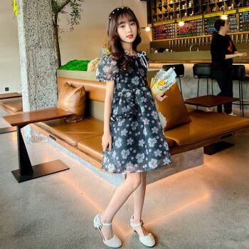洋气碎花儿童公主裙912岁中大童女孩雪纺裙子黑色160cm1316岁8095斤