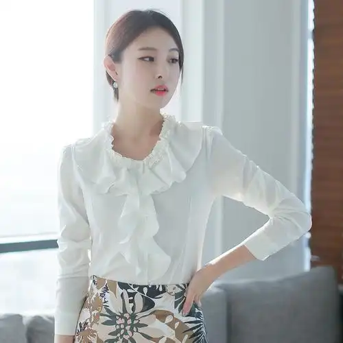 白衬衫女士长袖雪纺百搭韩范职业白衬衣女荷叶边学生打底上衣秋季