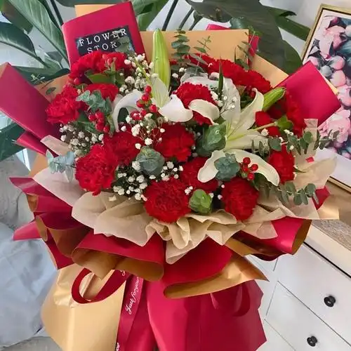 d款-15朵红色康乃馨搭配4朵白百合花束【图片