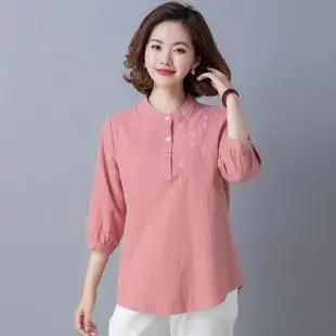 中年女装高端棉麻衬衫女七分袖夏季宽松妈妈刺绣衬衣中袖亚麻上衣