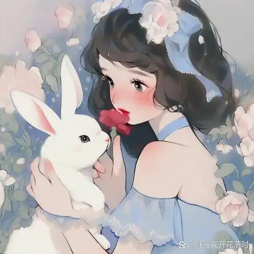漫画女头清新短发女孩和兔子