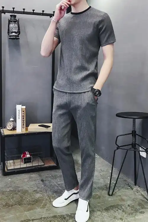 两件套夏季新款男亚麻套装夏天宽松透气薄帅气潮短袖t恤休闲男装