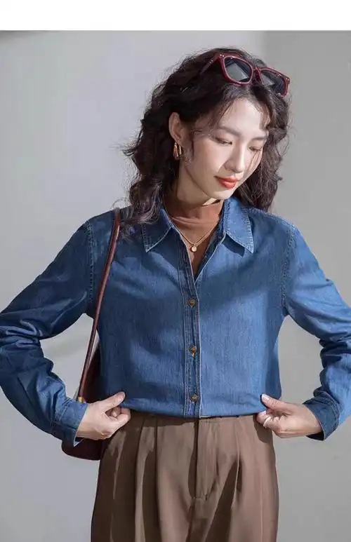 实拍不卷边深蓝色软牛仔衬衫女内搭叠穿长袖衬衣小个子正肩上衣 - 17