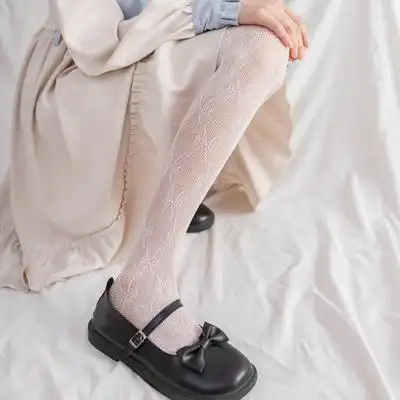 lolita白丝袜蕾丝女薄款蝴蝶结连裤袜网袜日系可爱甜美制服jk袜子