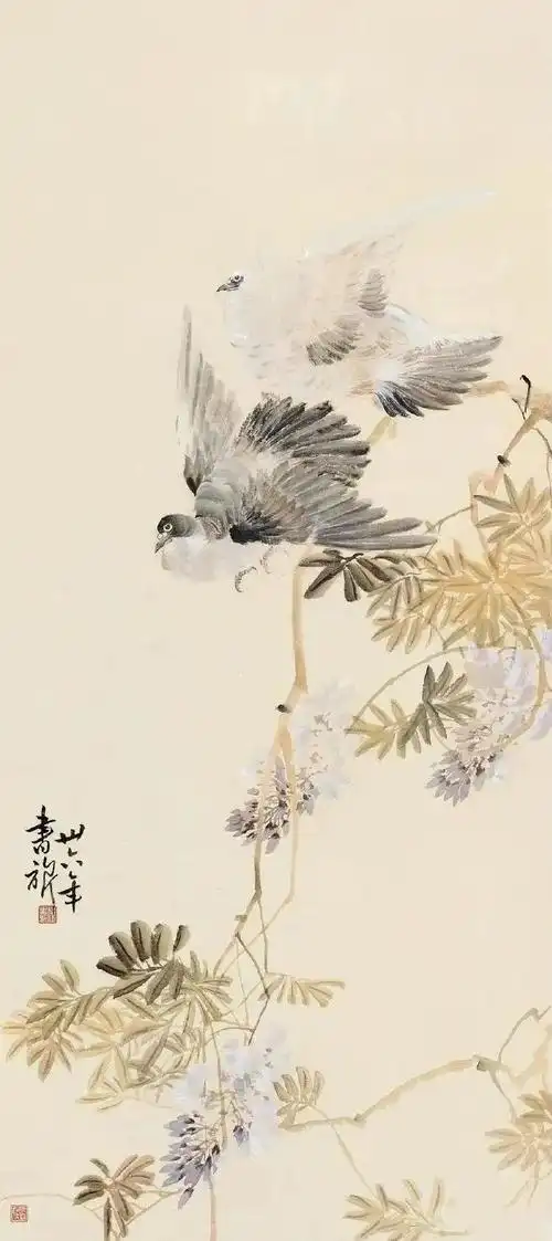 海棠张书旂 鸽张书旂 花鸟张书旂 桃花双鸽张书旂的画法取自清末画家