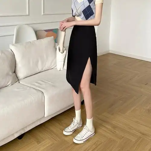 小个子显高穿搭女150矮个子高腰显腿长开叉不规则半身裙中长裙xs