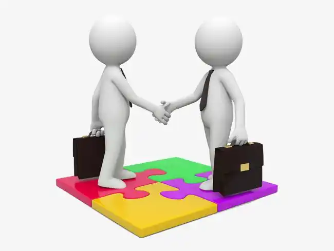 站在拼图上握手的3d小人