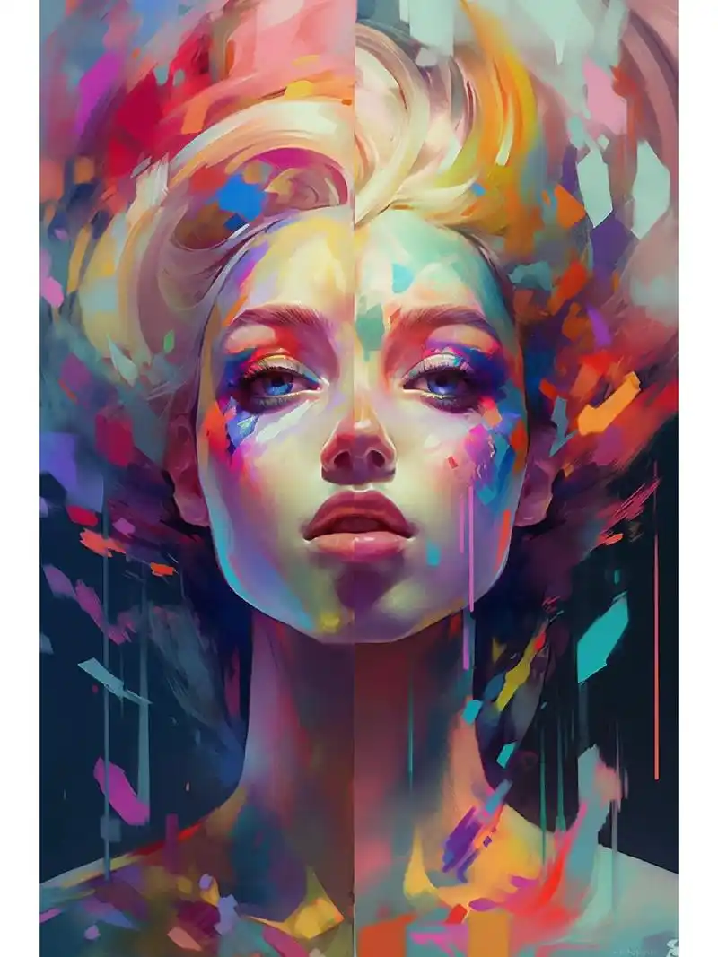 midjourney绘图炫彩抽象美女 关键词 多色热美女,双重曝光,对称艺术