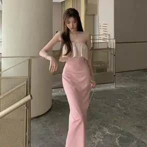 御姐气质连衣裙女夏新款性感一字领露肩雪纺抹胸礼服包臀长裙法式