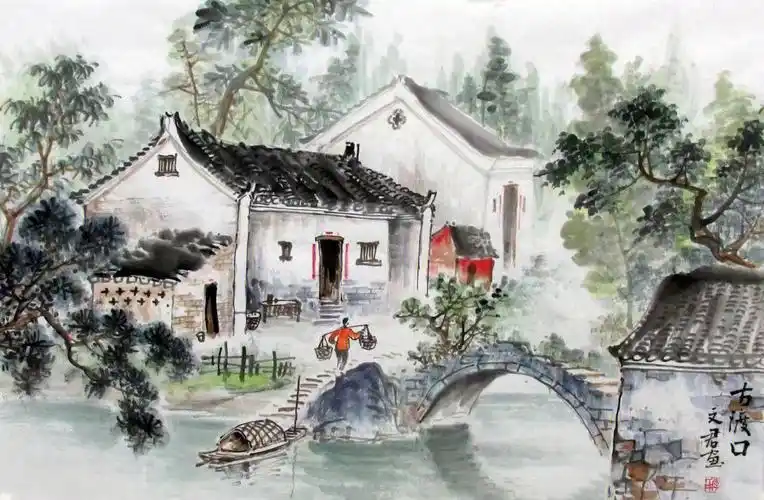 画面墨色淋漓,勾画精细,以清新淡雅的水墨画风营造出自然交替,古镇