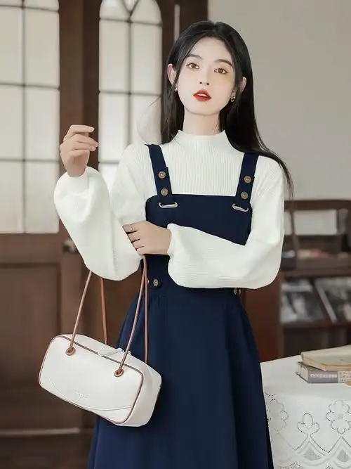法式学院风复古少女穿搭高领毛衣针织上衣收腰背带裙港风两件套装