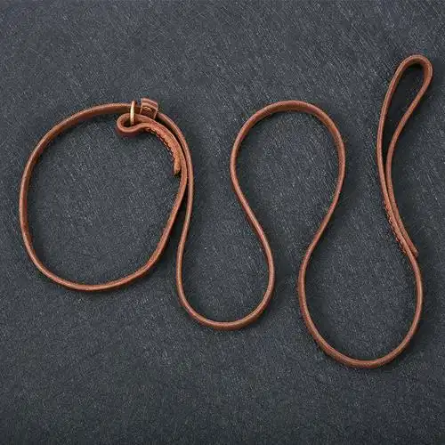 批发头层牛皮牵引绳p链一体防爆冲狗链德牧马犬训练缝线牛皮绳子