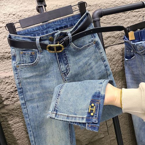 欧货春夏怀旧蓝色直筒牛仔裤女高腰宽松弹力显瘦九分小个子烟管裤