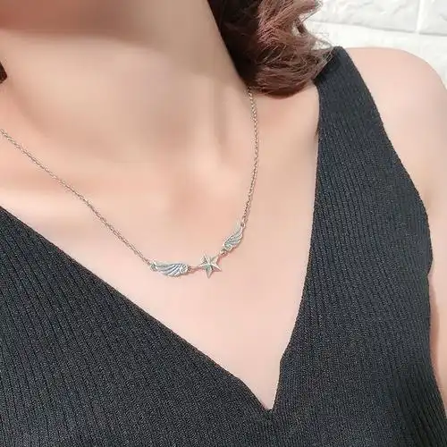 s925纯银天使翅膀项链天使之翼五角星项链锁骨翅膀可动女xl-0055