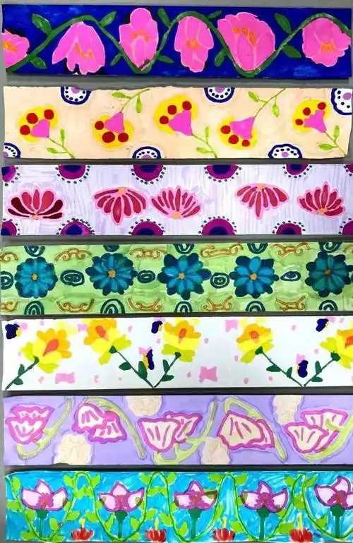 禹点美术|花儿朵朵——四年级二方连续纹样作品展_花卉_禹娃_传统