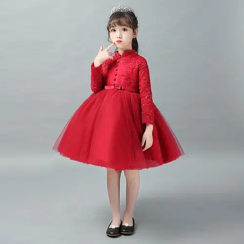 女童礼服中式中国风小主持人元旦演出服儿童婚纱公主裙蓬蓬纱秋冬