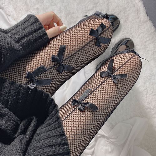 日系网袜ins丝袜蝴蝶结高筒蕾丝渔网袜辣妹蹦迪两穿蝴蝶结丝袜女