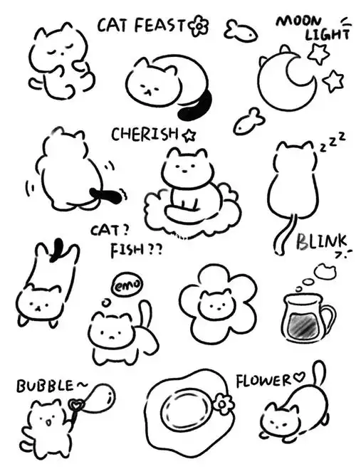 手帐素材黑白铅笔条纹手绘猫猫第二弹