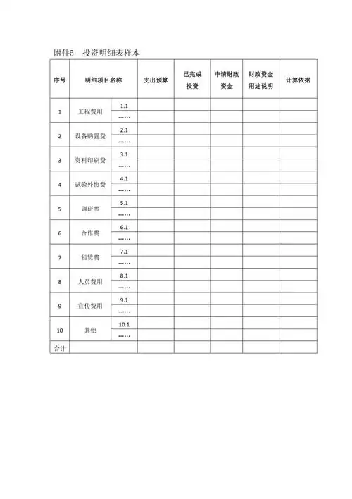 5投资明细表样本
