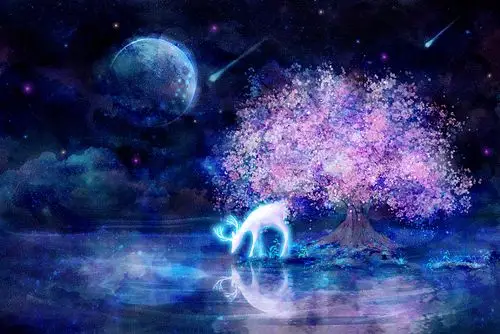 星地球空春天古风梦幻星空樱花麋鹿水彩山水国画中国风水墨插画背景