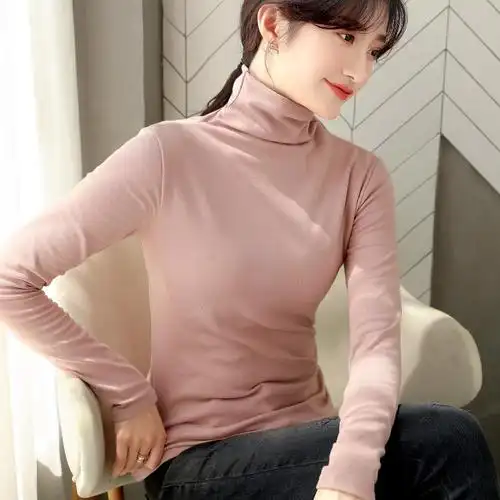 纯棉高领打底衫女2019秋冬新款长袖t恤女修身内搭上衣体恤女洋气