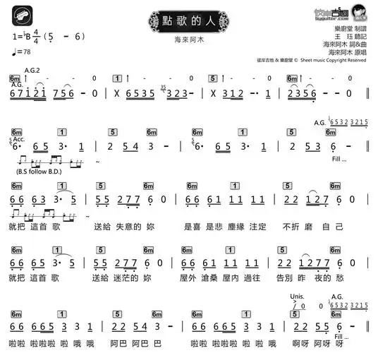 海来阿木点歌的人标准乐队伴奏总谱吉他谱