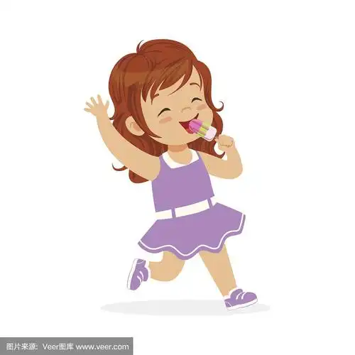 可爱的红发小女孩人物吃冰淇淋卡通矢量插画