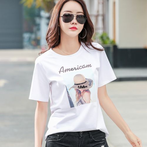 1688加工定制新款女装圆领设计短袖t恤女时尚印花纯手工钉珠上衣