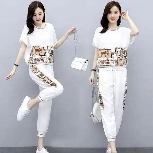 高棉时尚运动套装女大码女装夏季新款洋气宽松显瘦休闲短袖两件套